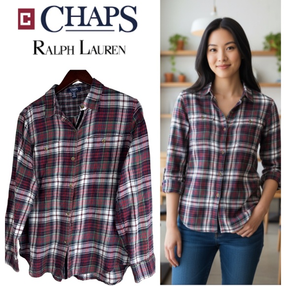 Chaps Ralph Lauren Top Tunic Shirt Button Down Sz XL 14 16 Tartan Plaid Red - Picture 1 of 5